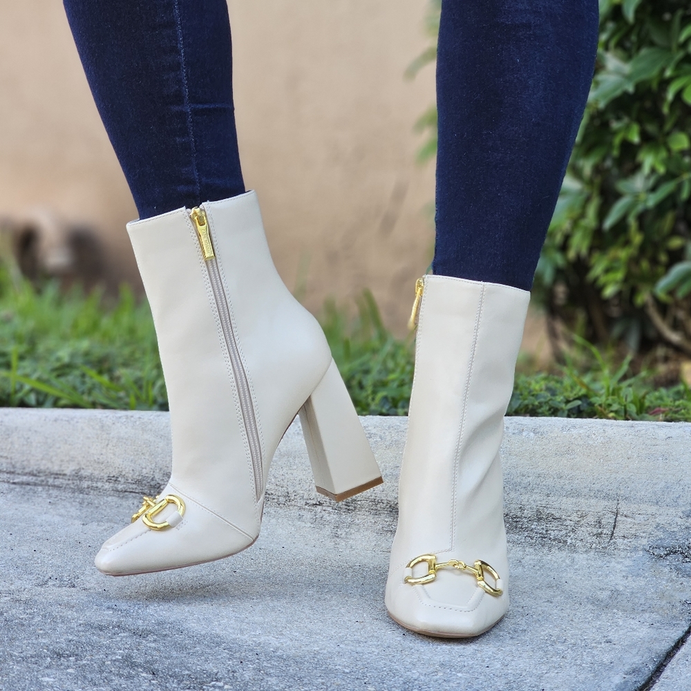 Cream High Block Heel Ankle Boots with Gold Chain Detail